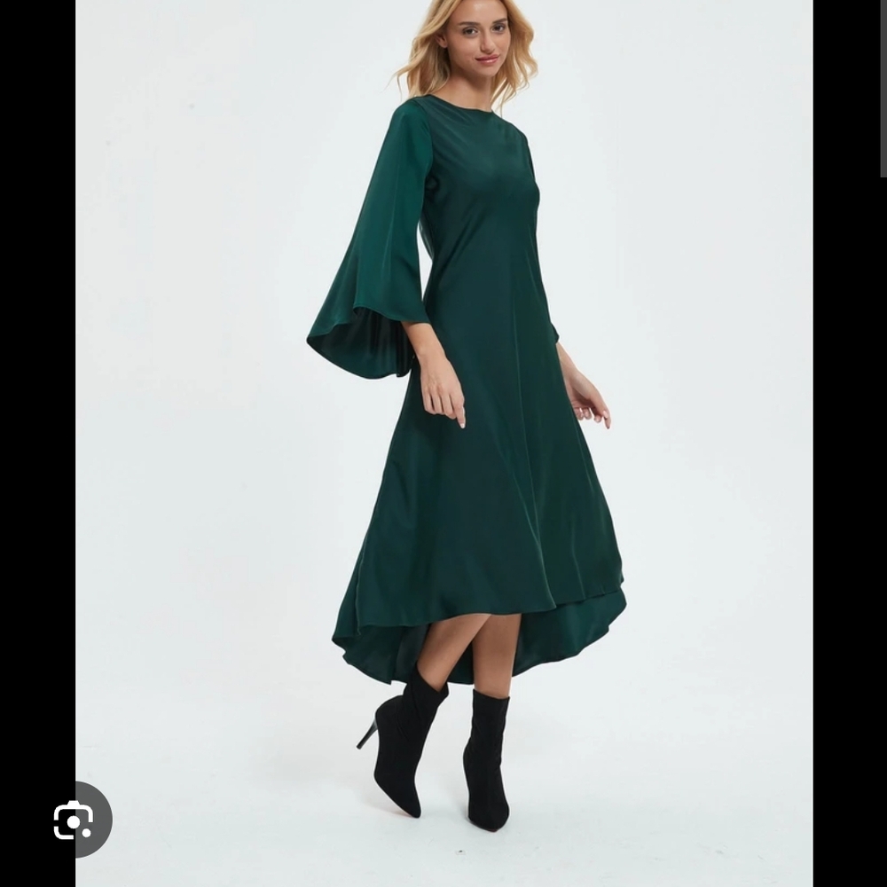 Green Asymmetrical A-Line Dress with Bell Sleeves